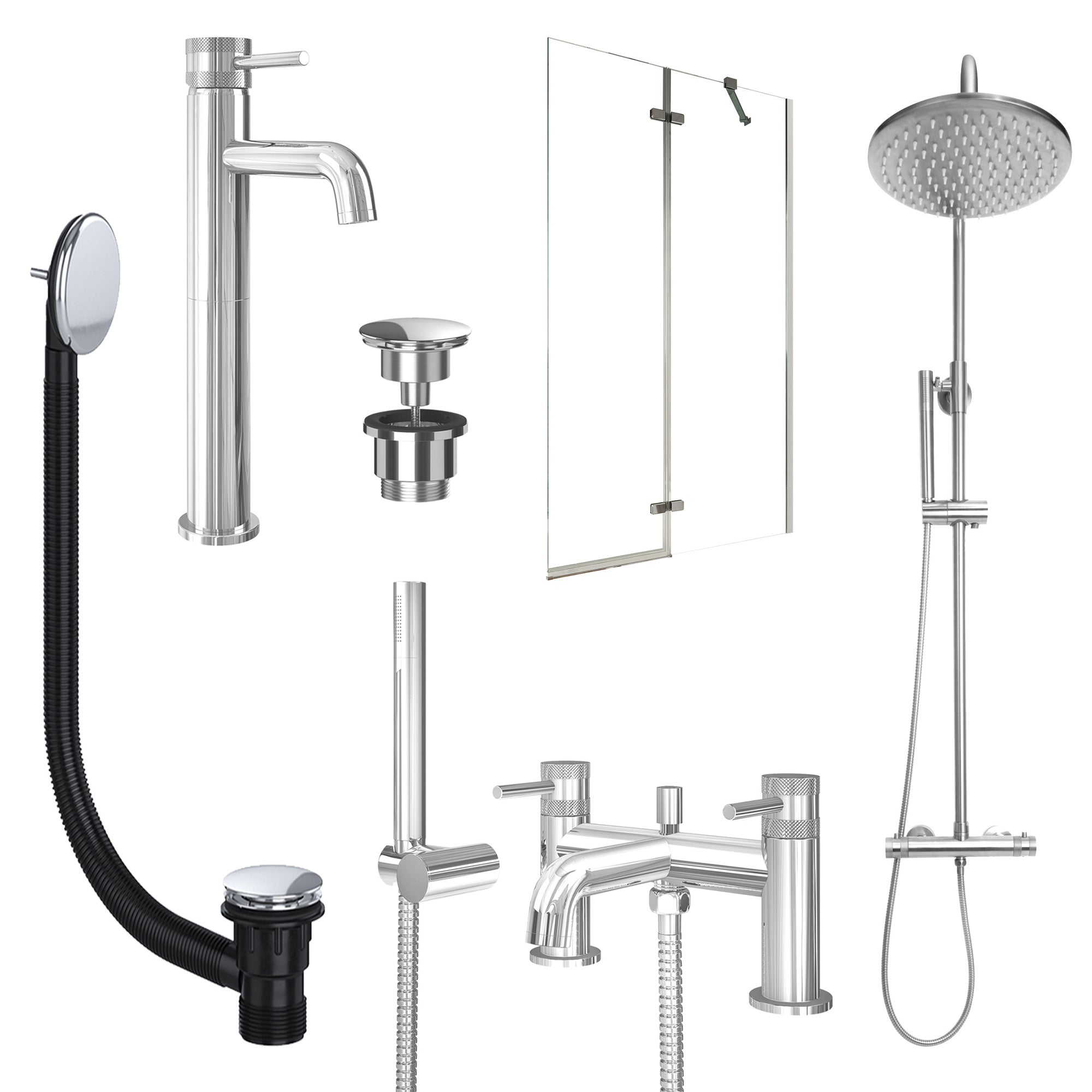 Chrome Tall Basin Mixer Tap, Bath Shower Mixer and Rigid Shower with Universal Basin and Bath Waste and Pivot Bath Screen