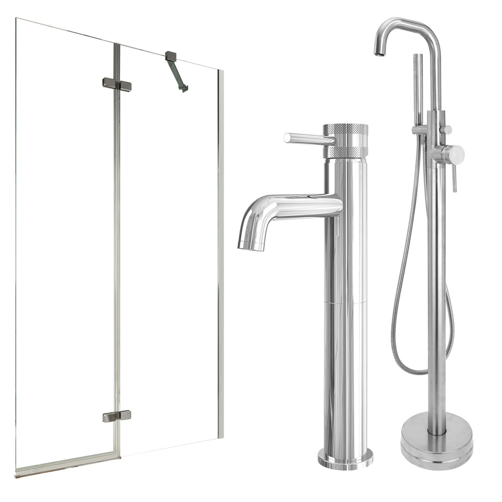 Chrome Tall Basin Mixer Tap, Freestanding Bath Shower Mixer and Pivot Bath Screen