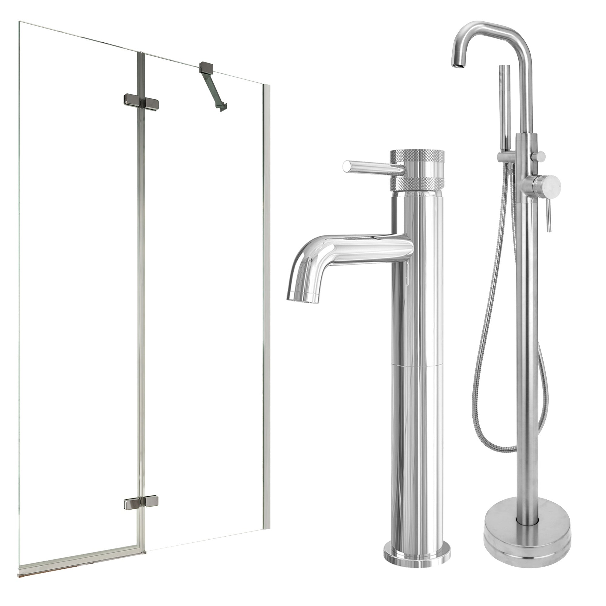 Chrome Tall Basin Mixer Tap, Freestanding Bath Shower Mixer and Pivot Bath Screen