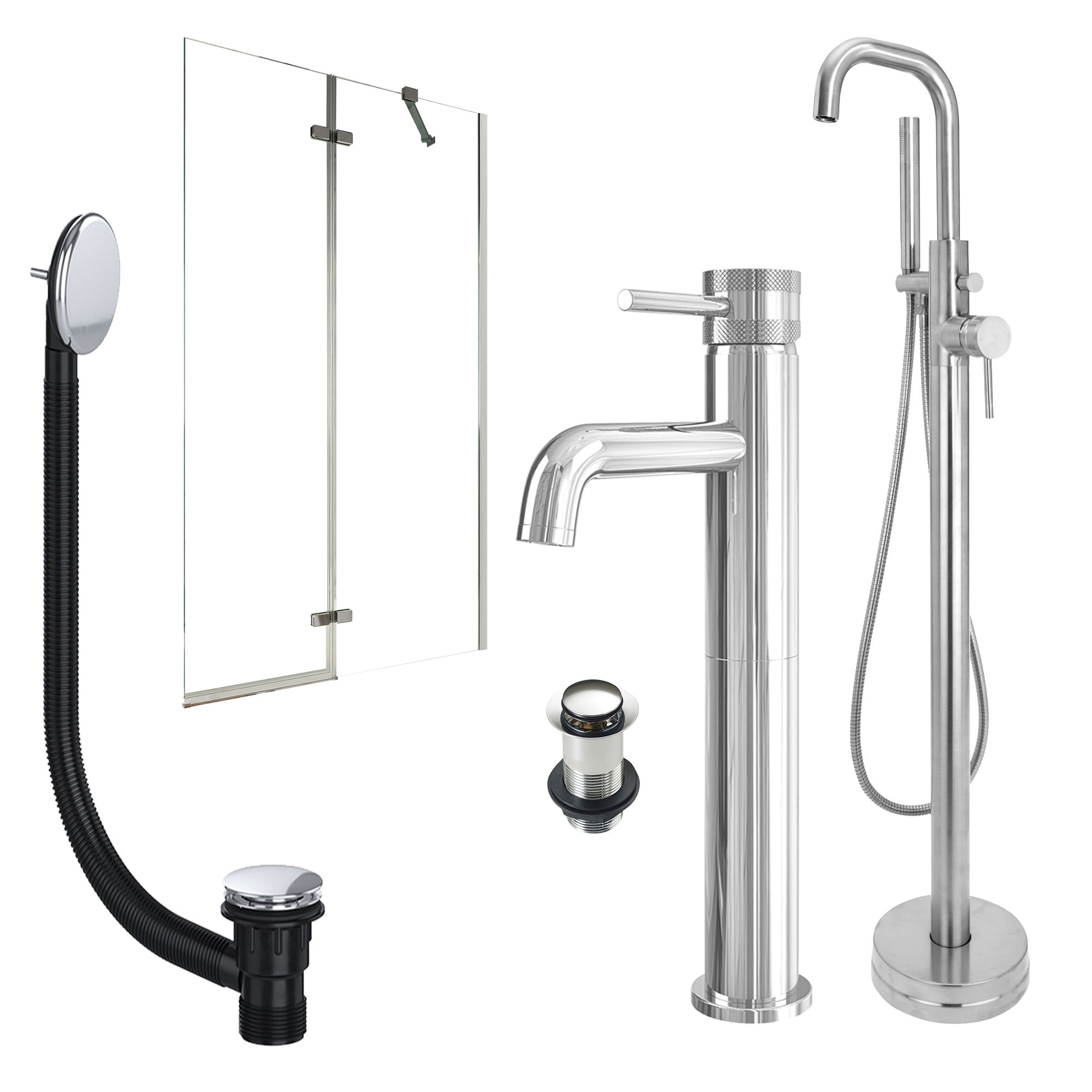 Chrome Tall Basin Mixer Tap, Freestanding Bath Shower Mixer and Unslotted Basin and Bath Waste and Pivot Bath Screen