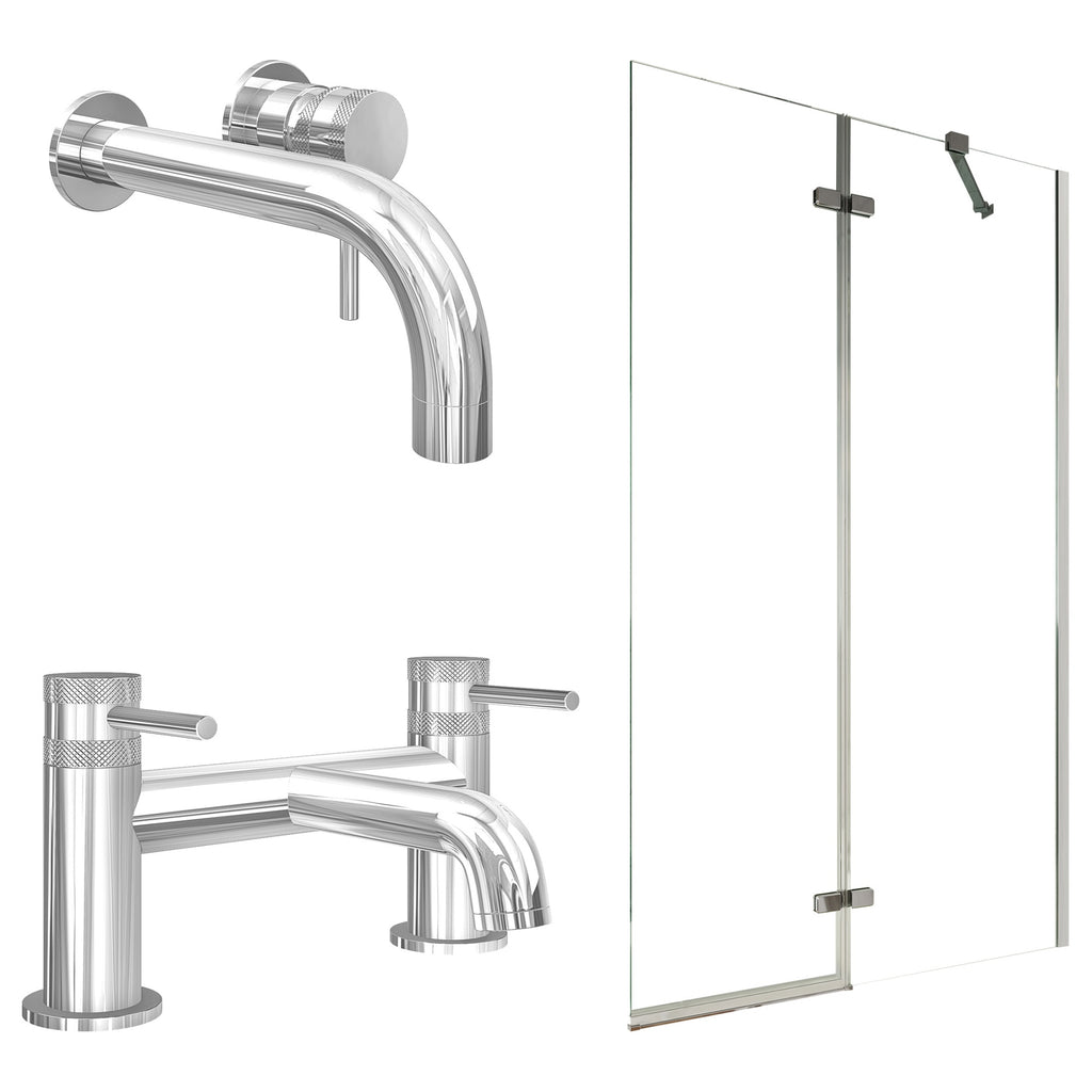 Chrome Wall Mounted Basin Mixer Tap with Bath Filler and Pivot Bath Screen
