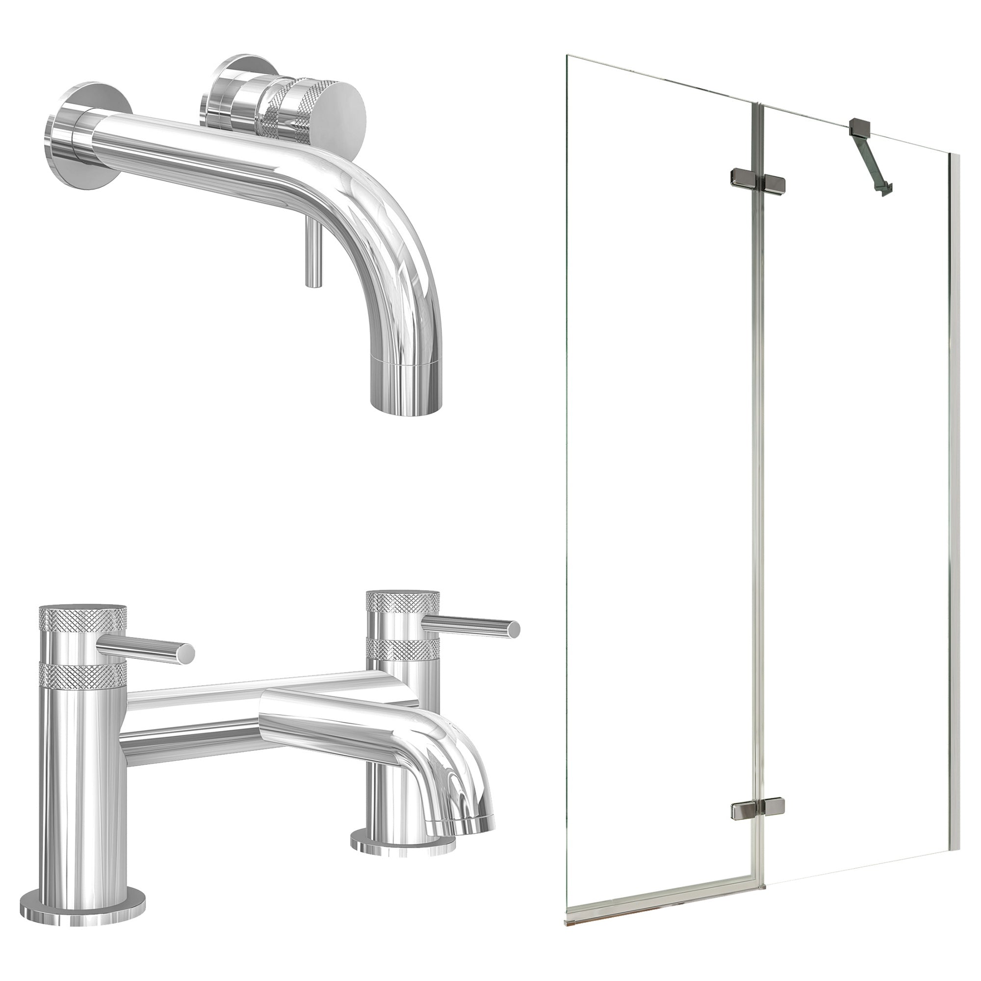 Chrome Wall Mounted Basin Mixer Tap with Bath Filler and Pivot Bath Screen