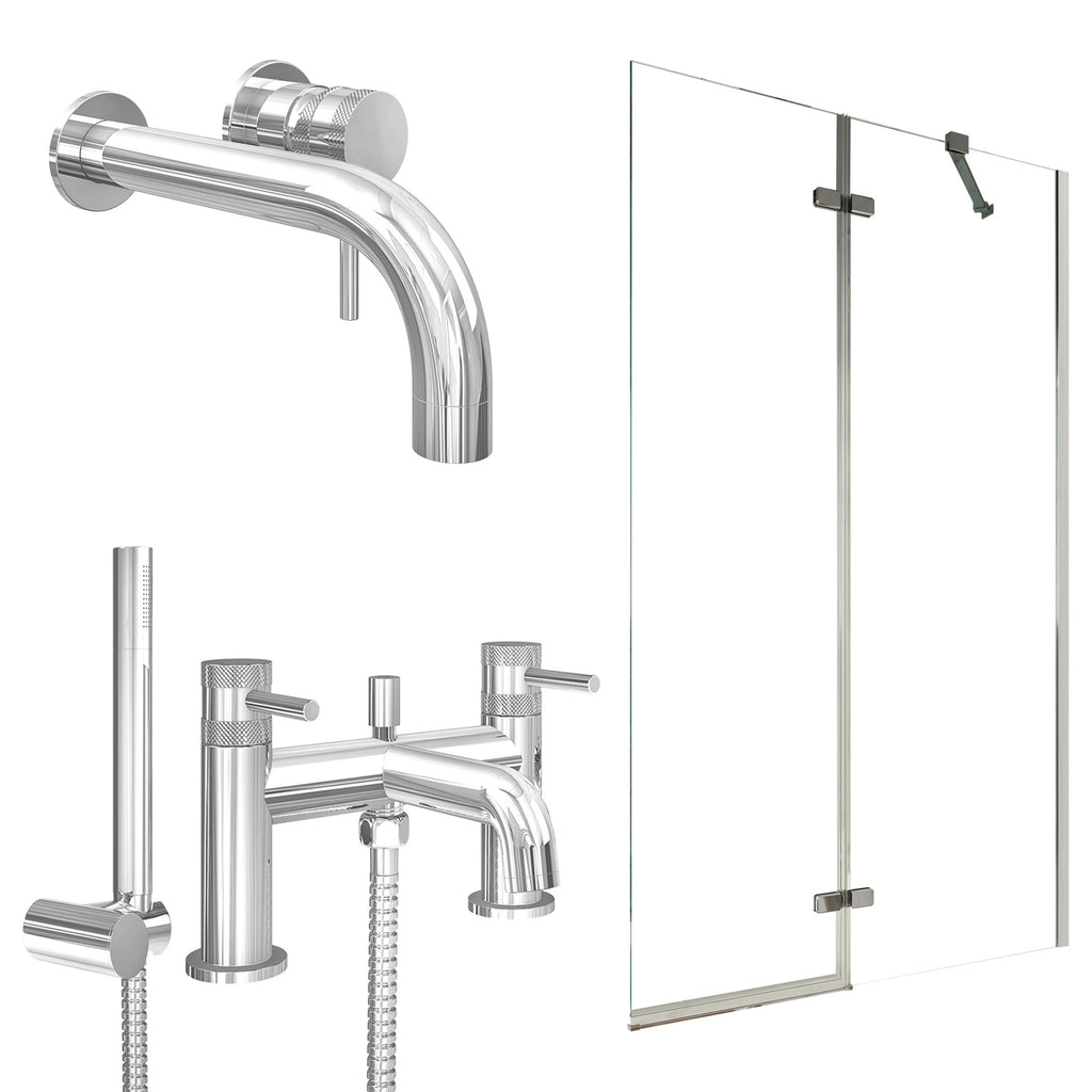 Chrome Wall Mounted Basin Mixer Tap, Bath Shower Mixer and Pivot Bath Screen