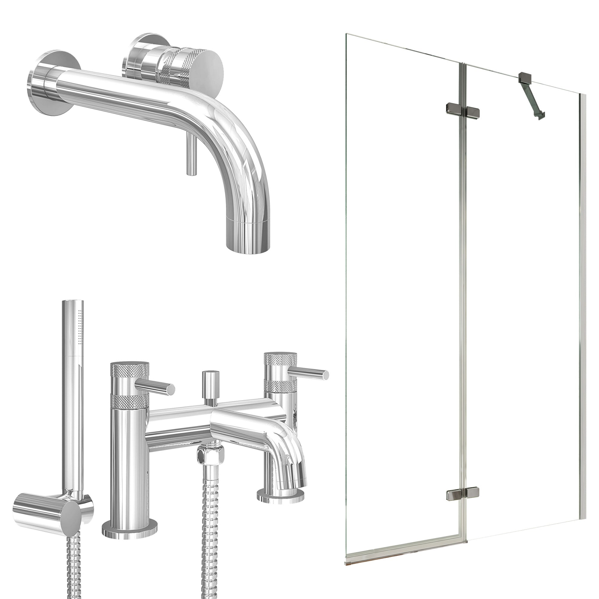 Chrome Wall Mounted Basin Mixer Tap, Bath Shower Mixer and Pivot Bath Screen