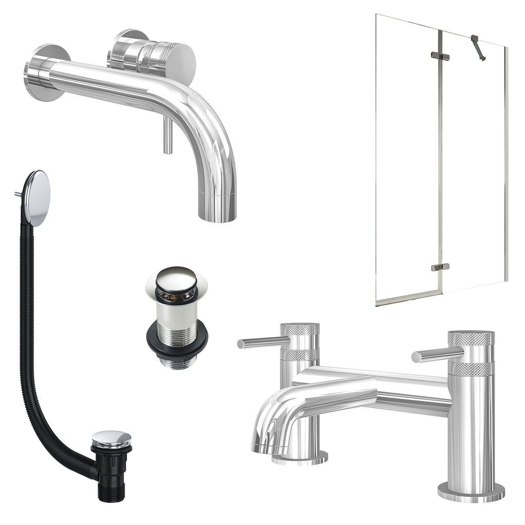 Chrome Wall Mounted Basin Mixer Tap, Bath Filler with Unslotted Basin and Bath Waste and Pivot Bath Screen