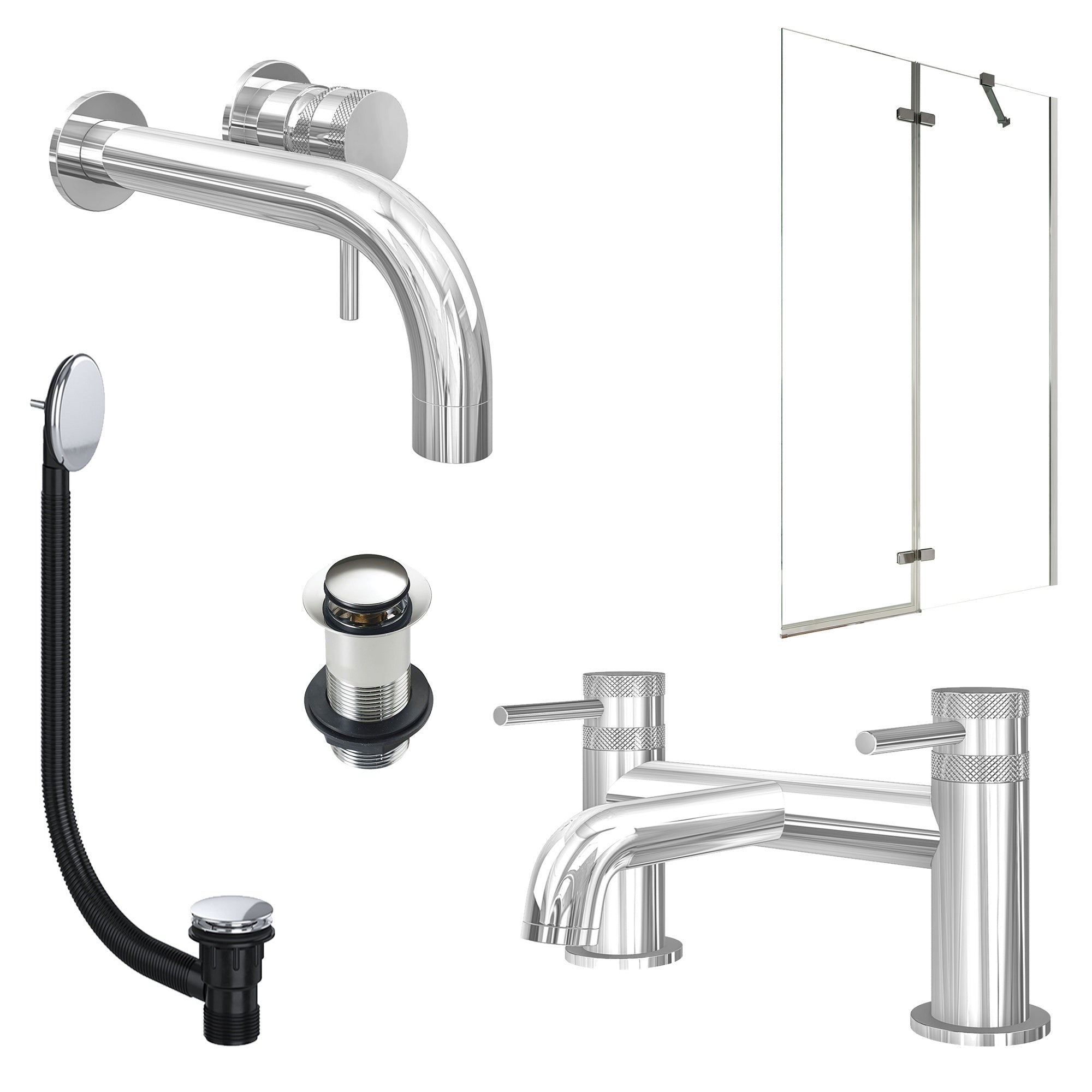 Chrome Wall Mounted Basin Mixer Tap, Bath Filler with Unslotted Basin and Bath Waste and Pivot Bath Screen