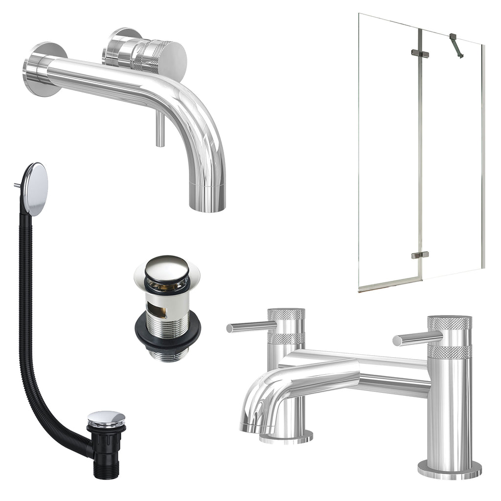 Chrome Wall Mounted Basin Mixer Tap, Bath Filler with Slotted Basin and Bath Waste and Pivot Bath Screen