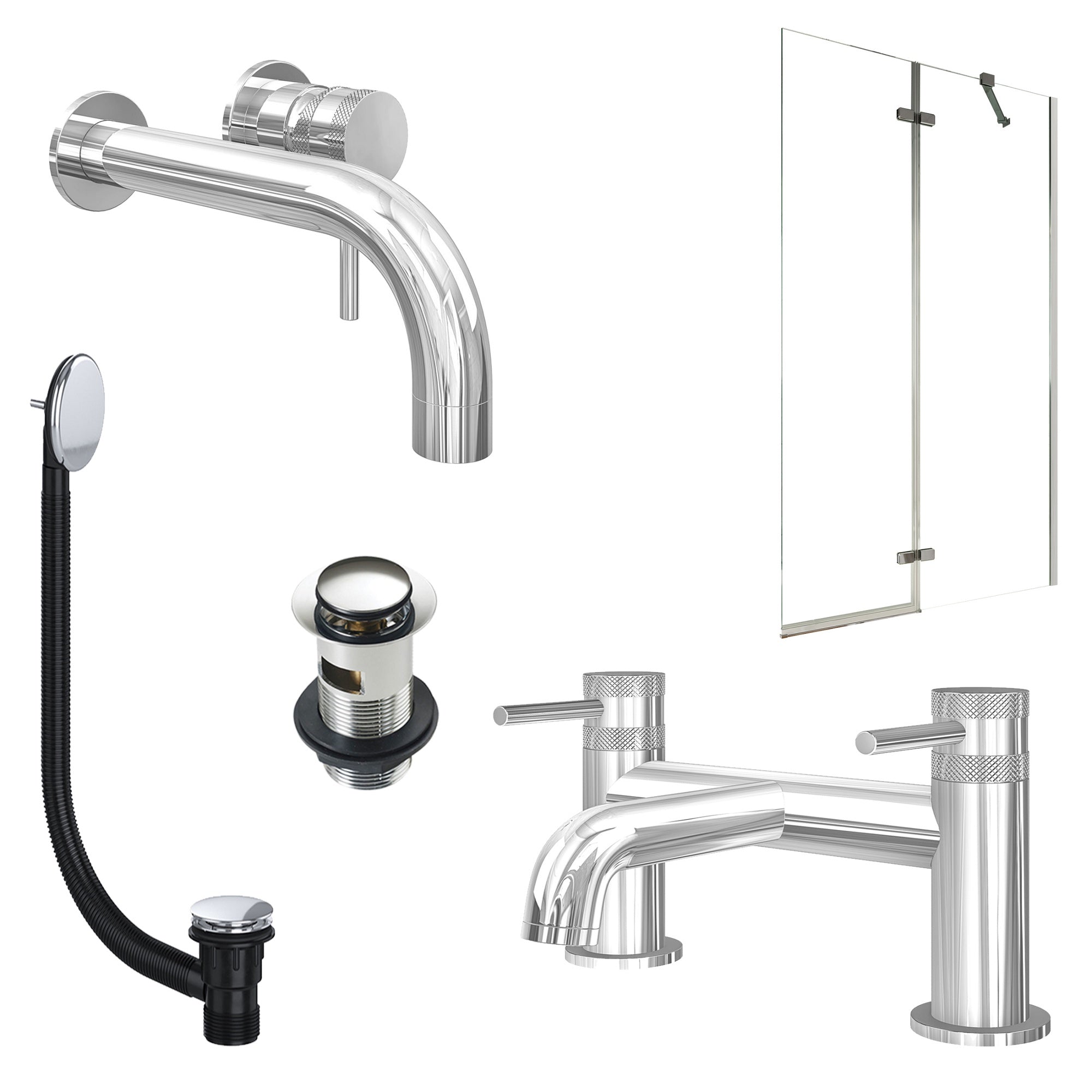 Chrome Wall Mounted Basin Mixer Tap, Bath Filler with Slotted Basin and Bath Waste and Pivot Bath Screen