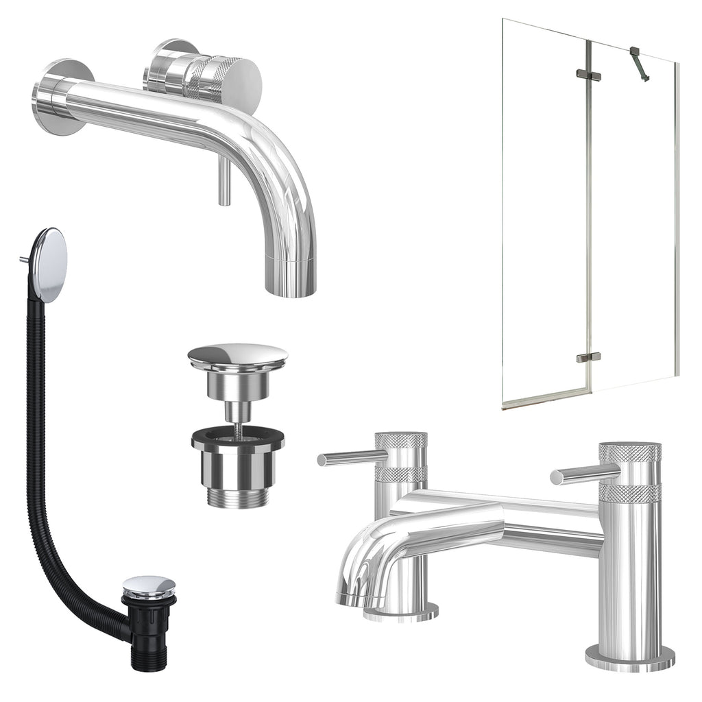 Chrome Wall Mounted Basin Mixer Tap, Bath Filler with Universal Basin and Bath Waste and Pivot Bath Screen