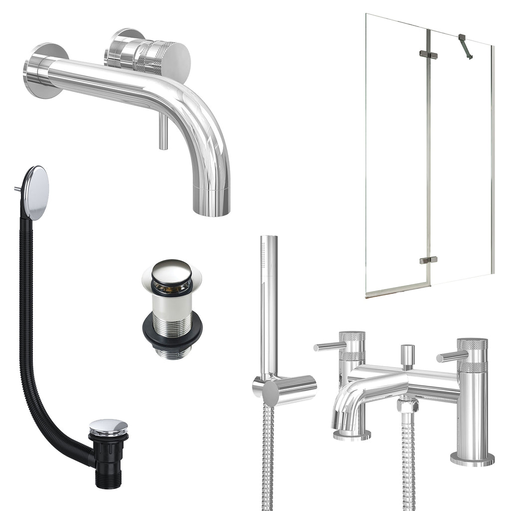Chrome Wall Mounted Basin Mixer Tap, Bath Shower Mixer with Unslotted Basin and Bath Waste and Pivot Bath Screen