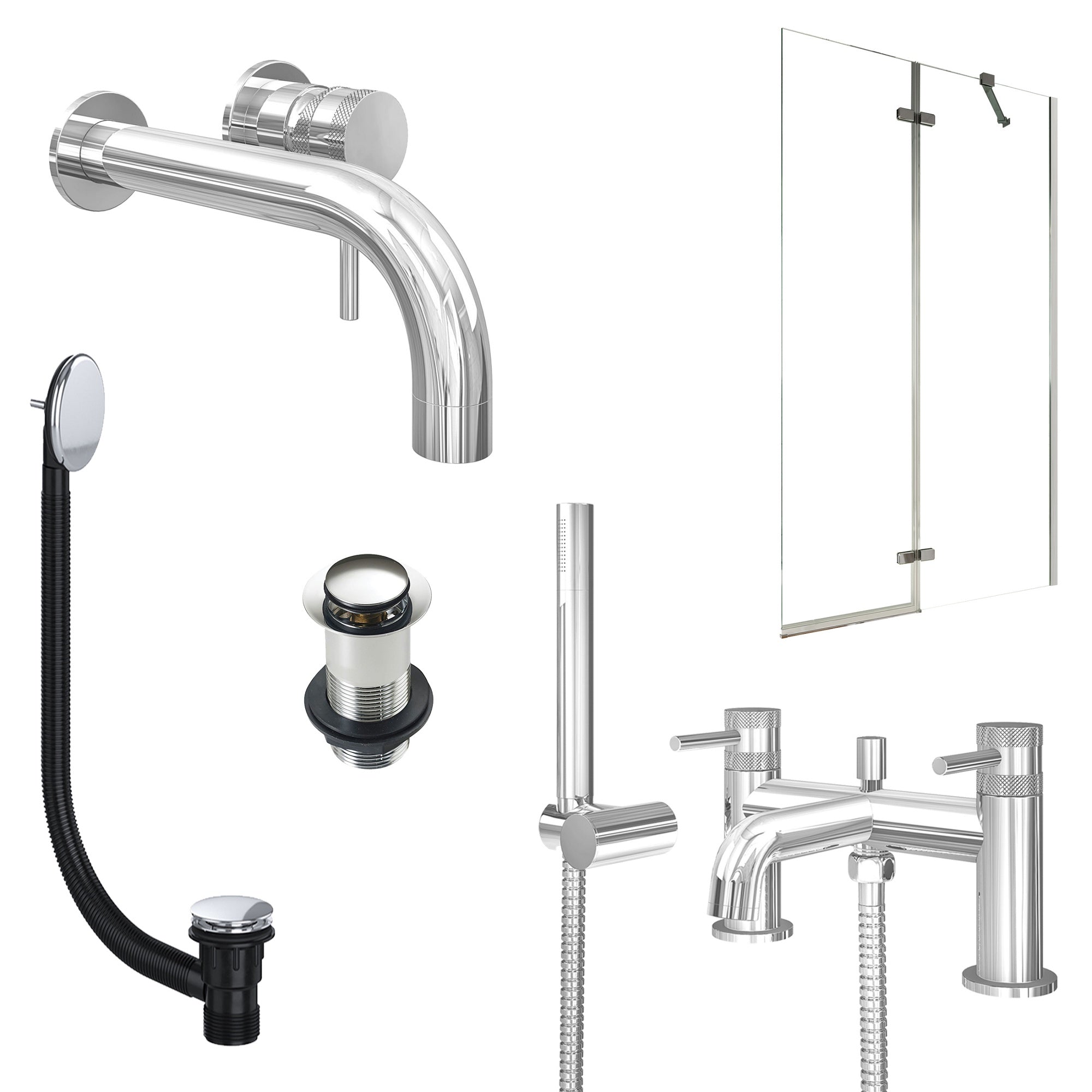 Chrome Wall Mounted Basin Mixer Tap, Bath Shower Mixer with Unslotted Basin and Bath Waste and Pivot Bath Screen