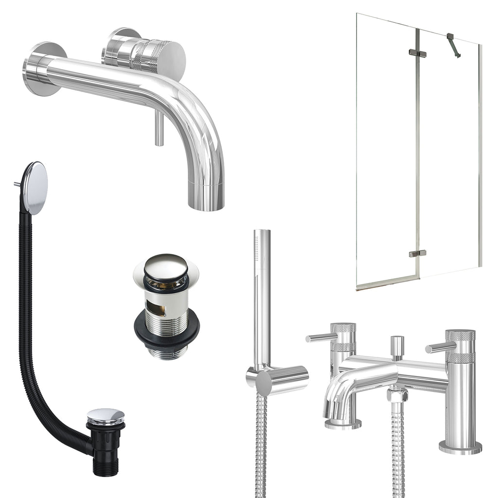 Chrome Wall Mounted Basin Mixer Tap, Bath Shower Mixer with Slotted Basin and Bath Waste and Pivot Bath Screen