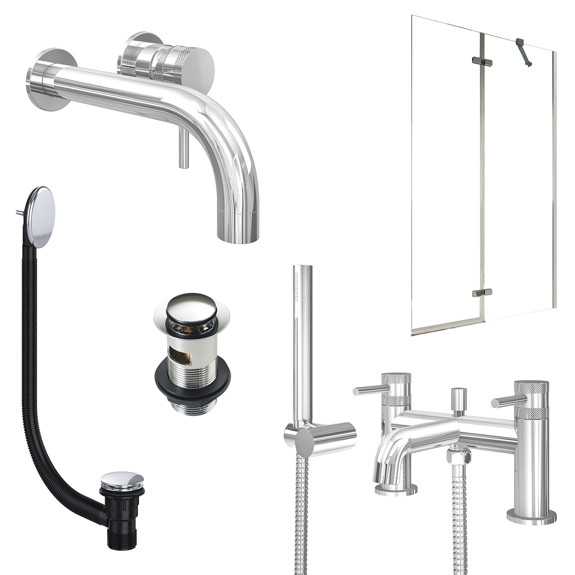 Chrome Wall Mounted Basin Mixer Tap, Bath Shower Mixer with Slotted Basin and Bath Waste and Pivot Bath Screen