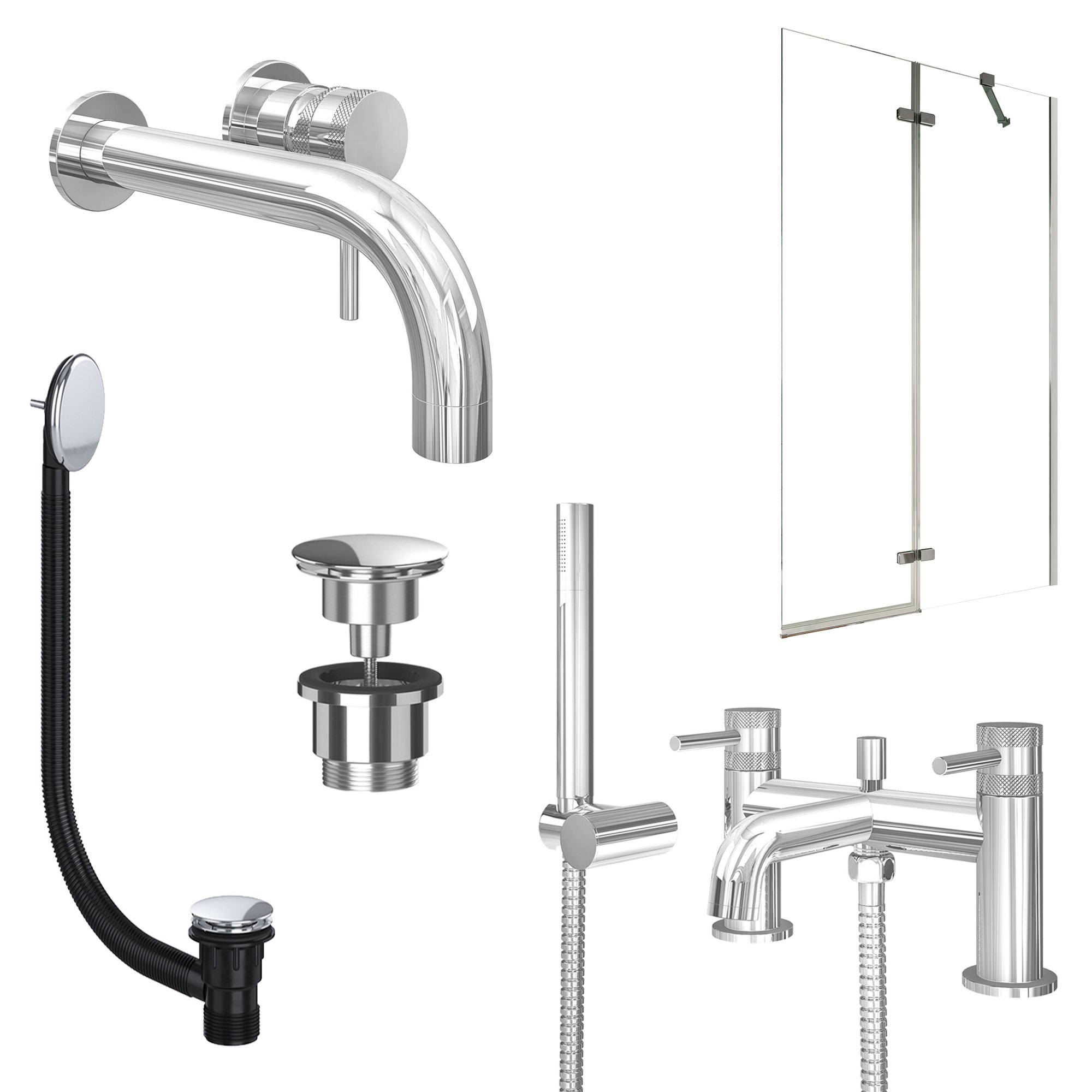 Chrome Wall Mounted Basin Mixer Tap, Bath Shower Mixer with Universal Basin and Bath Waste and Pivot Bath Screen