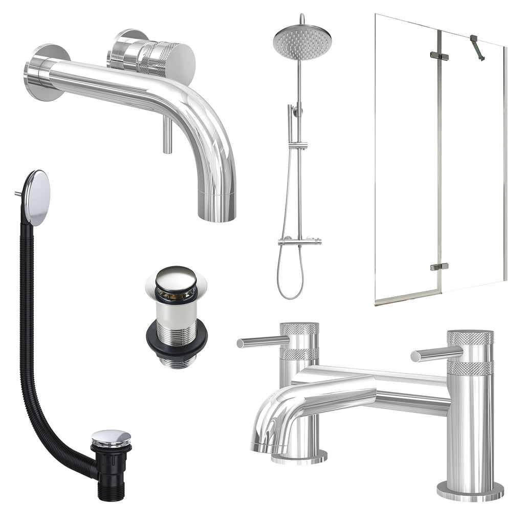 Chrome Wall Mounted Basin Mixer Tap, Bath Filler and Rigid Shower with Unslotted Basin and Bath Waste and Pivot Bath Screen