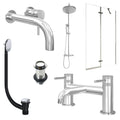 Chrome Wall Mounted Basin Mixer Tap, Bath Filler and Rigid Shower with Unslotted Basin and Bath Waste and Pivot Bath Screen