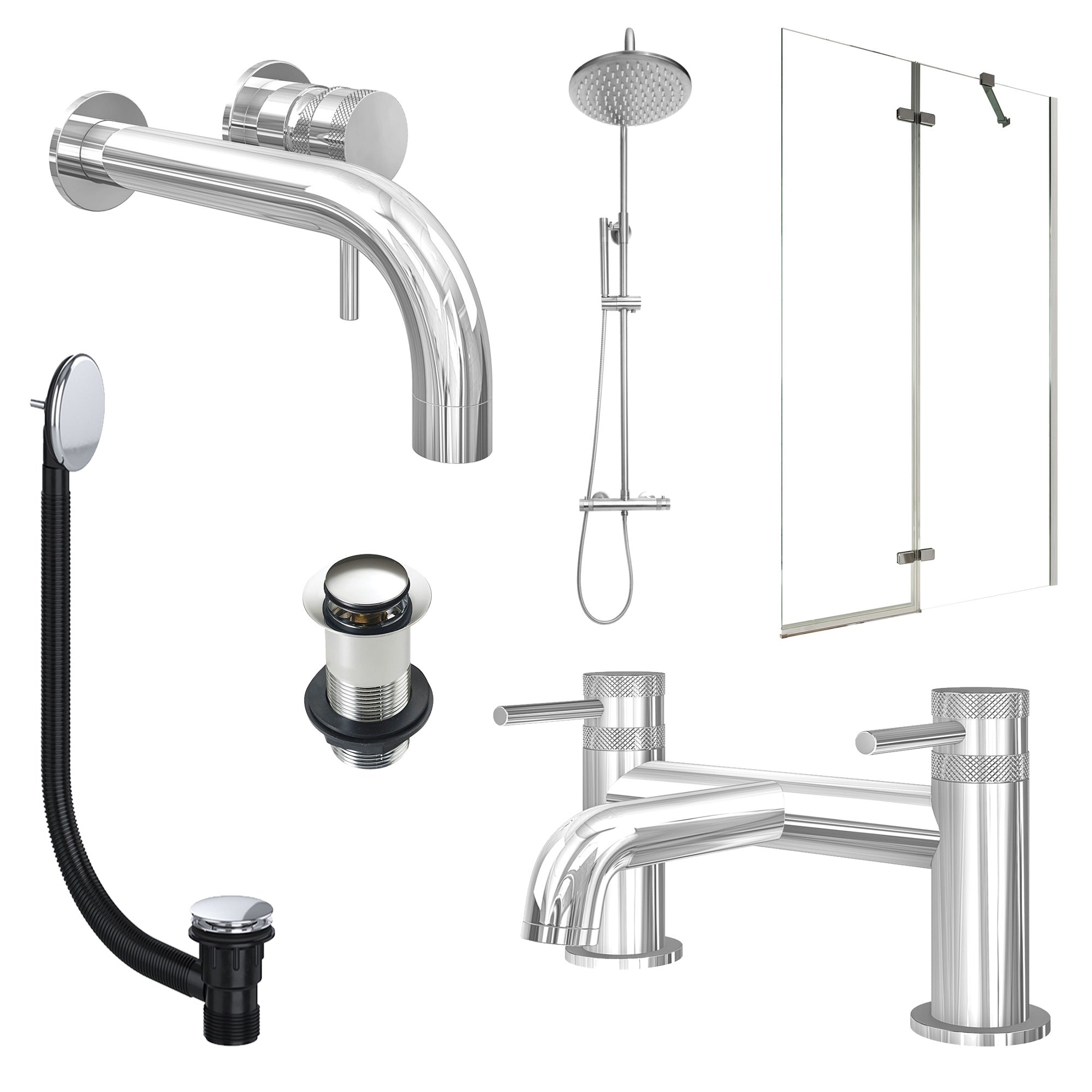Chrome Wall Mounted Basin Mixer Tap, Bath Filler and Rigid Shower with Unslotted Basin and Bath Waste and Pivot Bath Screen