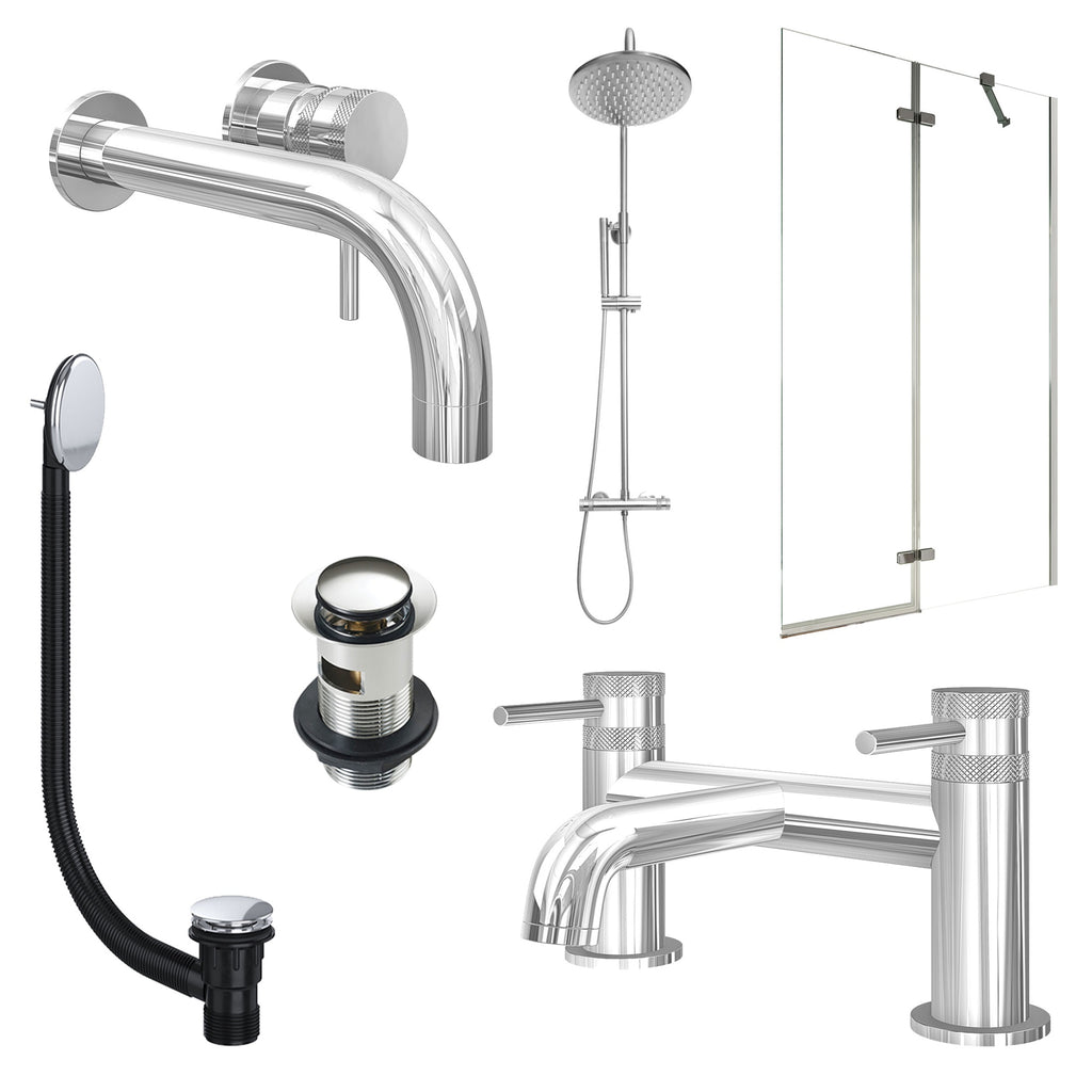 Chrome Wall Mounted Basin Mixer Tap, Bath Filler and Rigid Shower with Slotted Basin and Bath Waste and Pivot Bath Screen