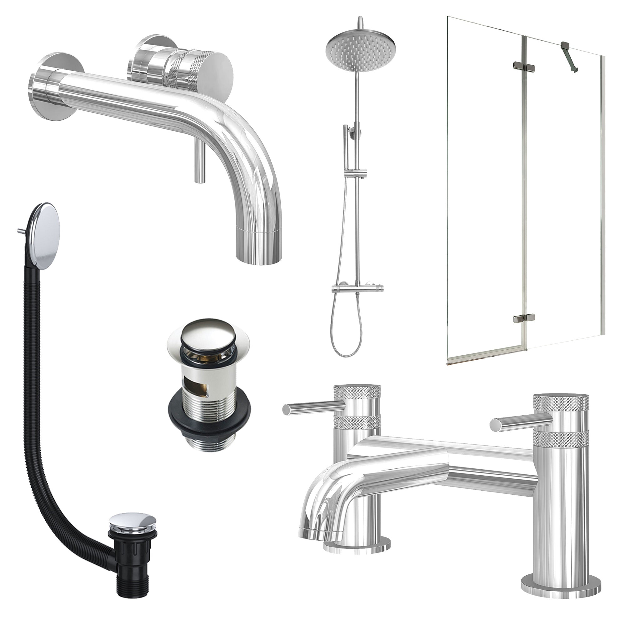 Chrome Wall Mounted Basin Mixer Tap, Bath Filler and Rigid Shower with Slotted Basin and Bath Waste and Pivot Bath Screen