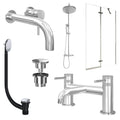 Chrome Wall Mounted Basin Mixer Tap, Bath Filler and Rigid Shower with Universal Basin and Bath Waste and Pivot Bath Screen