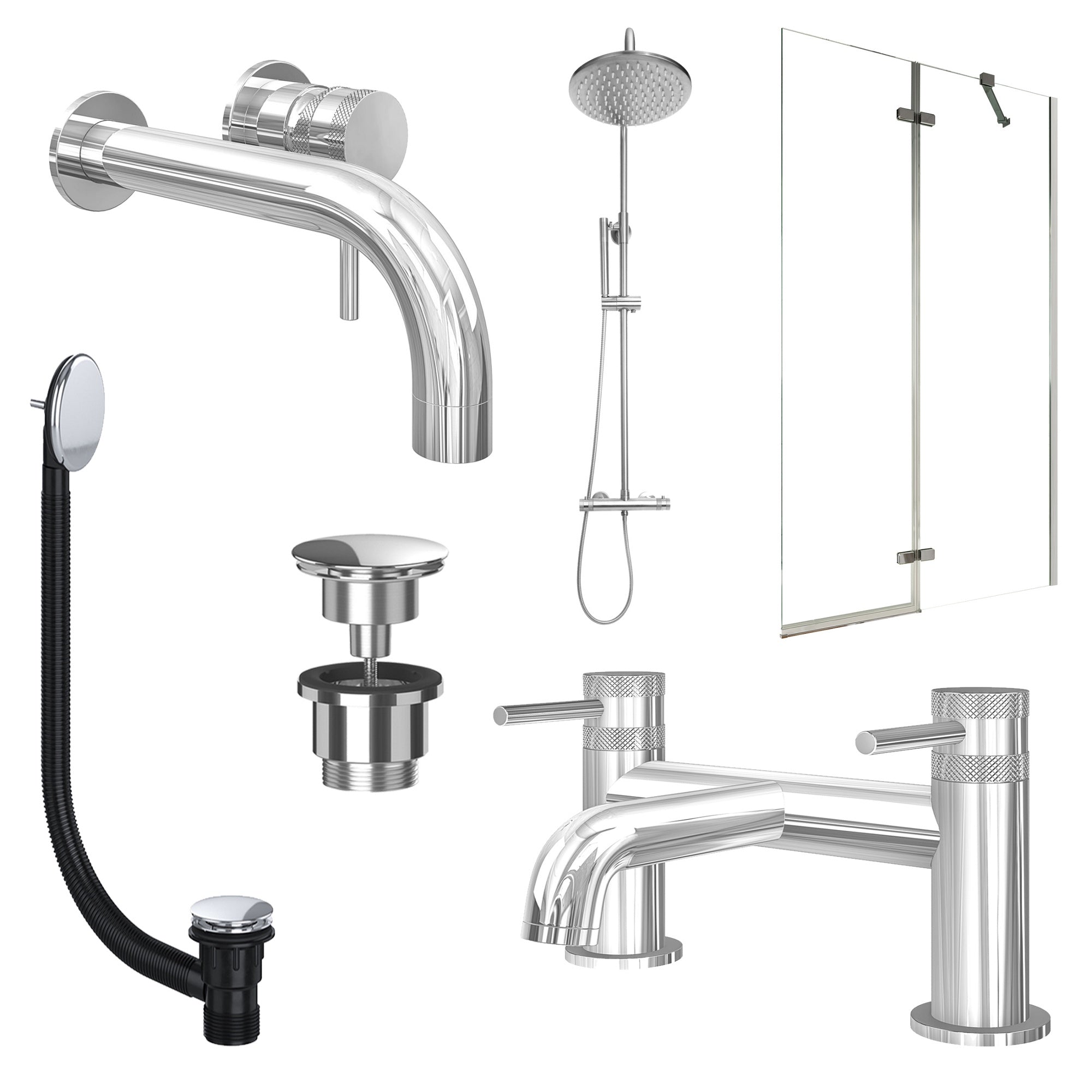Chrome Wall Mounted Basin Mixer Tap, Bath Filler and Rigid Shower with Universal Basin and Bath Waste and Pivot Bath Screen