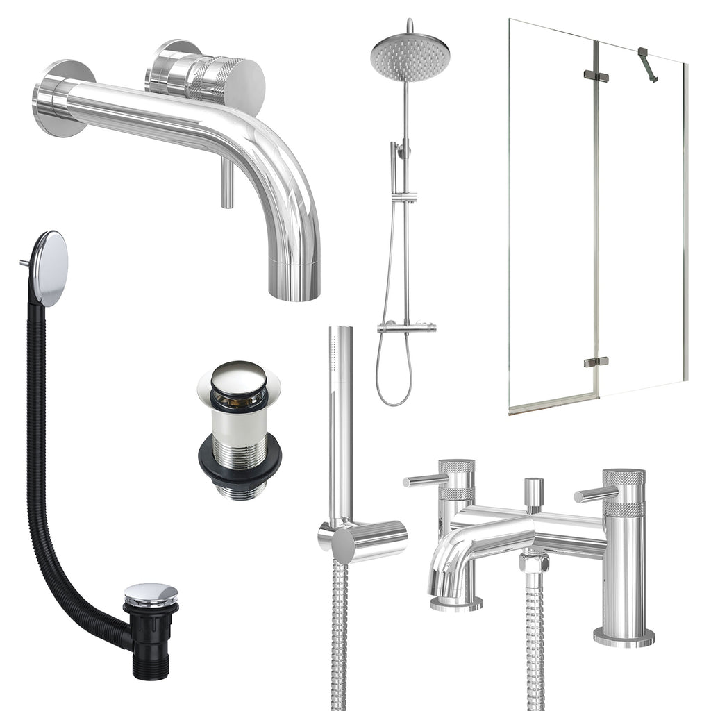 Chrome Wall Mounted Basin Mixer Tap, Bath Shower Mixer and Rigid Shower with Unslotted Basin and Bath Waste and Pivot Bath Screen