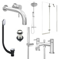 Chrome Wall Mounted Basin Mixer Tap, Bath Shower Mixer and Rigid Shower with Unslotted Basin and Bath Waste and Pivot Bath Screen
