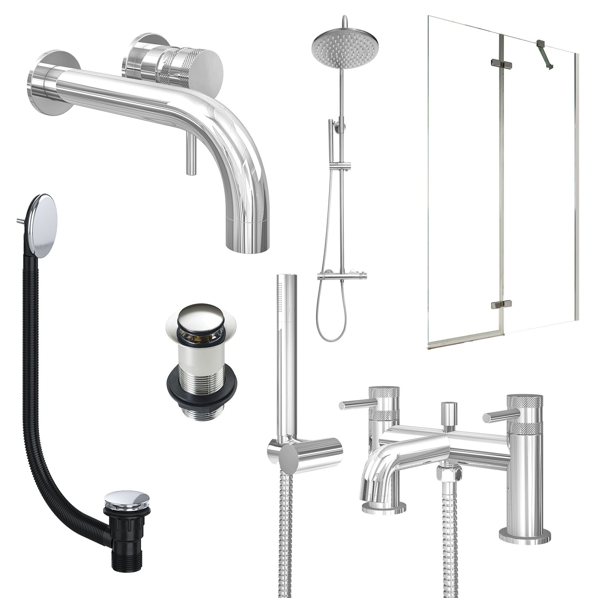 Chrome Wall Mounted Basin Mixer Tap, Bath Shower Mixer and Rigid Shower with Unslotted Basin and Bath Waste and Pivot Bath Screen