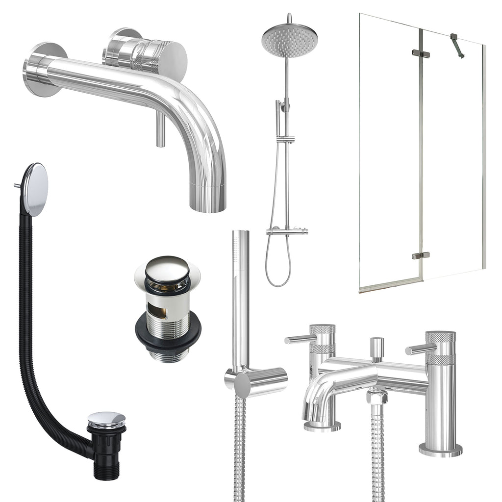 Chrome Wall Mounted Basin Mixer Tap, Bath Shower Mixer and Rigid Shower with Slotted Basin and Bath Waste and Pivot Bath Screen
