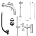 Chrome Wall Mounted Basin Mixer Tap, Bath Shower Mixer and Rigid Shower with Slotted Basin and Bath Waste and Pivot Bath Screen