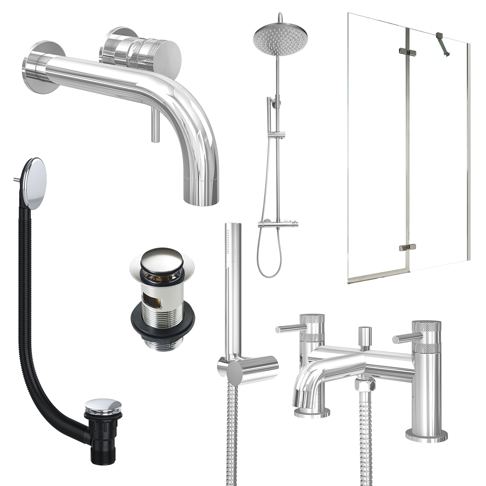 Chrome Wall Mounted Basin Mixer Tap, Bath Shower Mixer and Rigid Shower with Slotted Basin and Bath Waste and Pivot Bath Screen