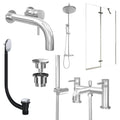 Chrome Wall Mounted Basin Mixer Tap, Bath Shower Mixer and Rigid Shower with Universal Basin and Bath Waste and Pivot Bath Screen