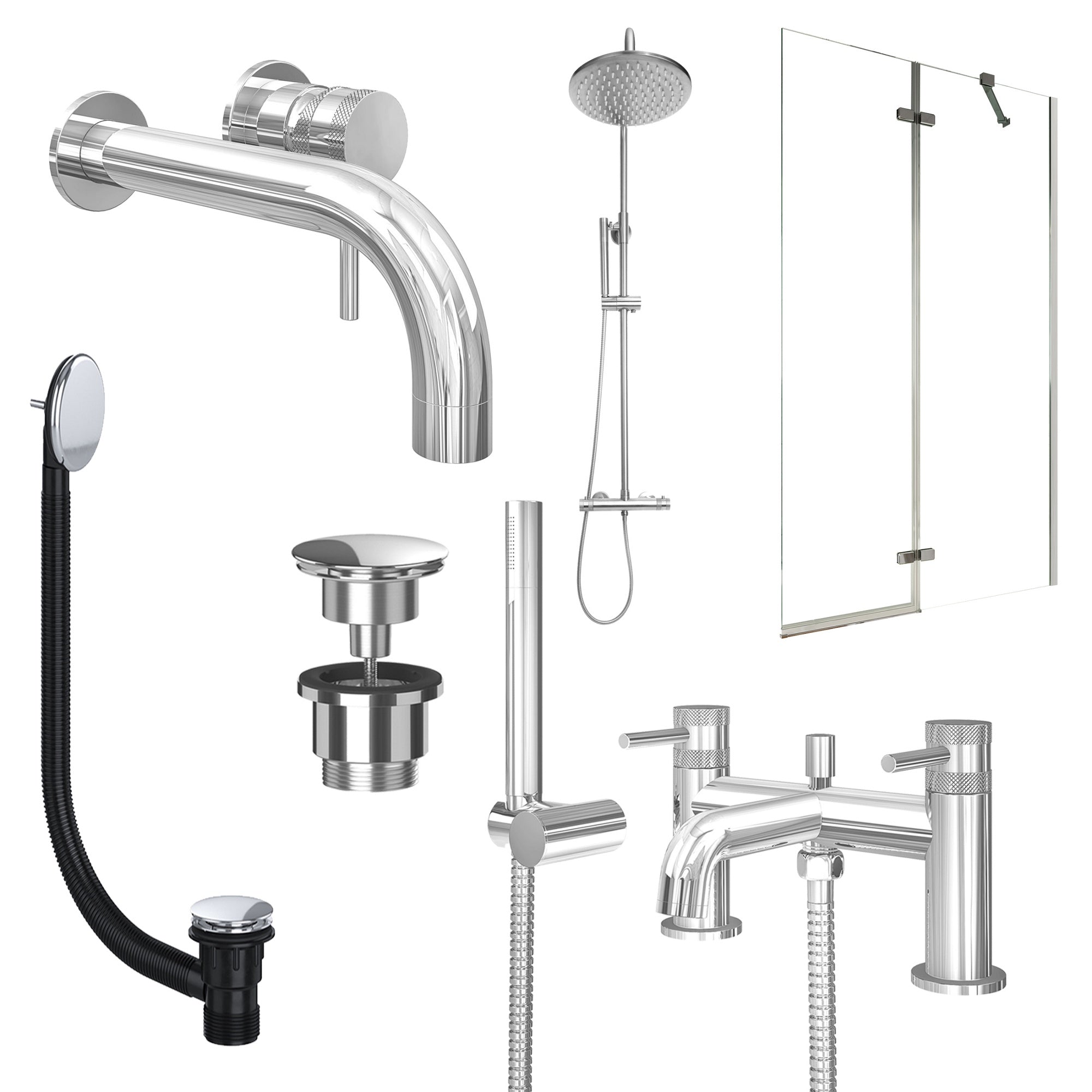 Chrome Wall Mounted Basin Mixer Tap, Bath Shower Mixer and Rigid Shower with Universal Basin and Bath Waste and Pivot Bath Screen