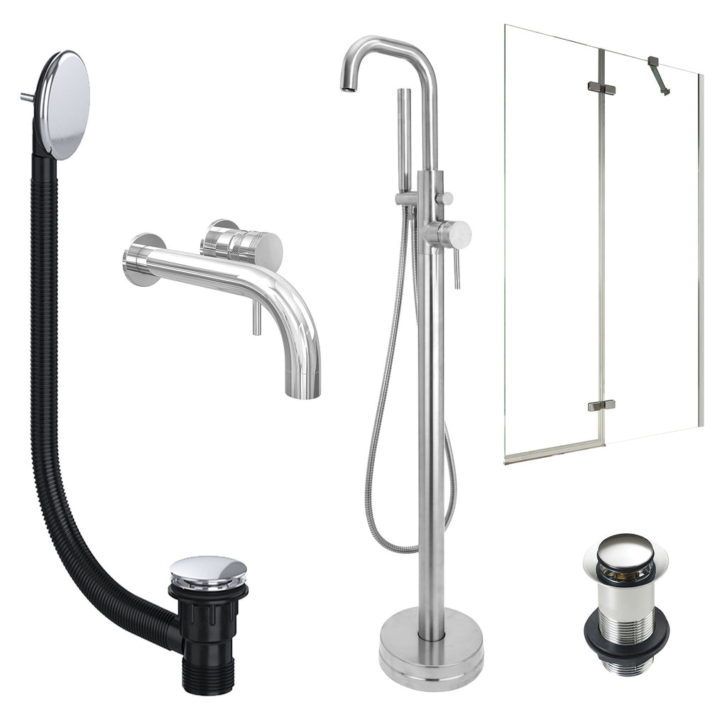 Chrome Wall Mounted Basin Mixer Tap, Freestanding Bath Shower Mixer and Unslotted Basin and Bath Waste and Pivot Bath Screen
