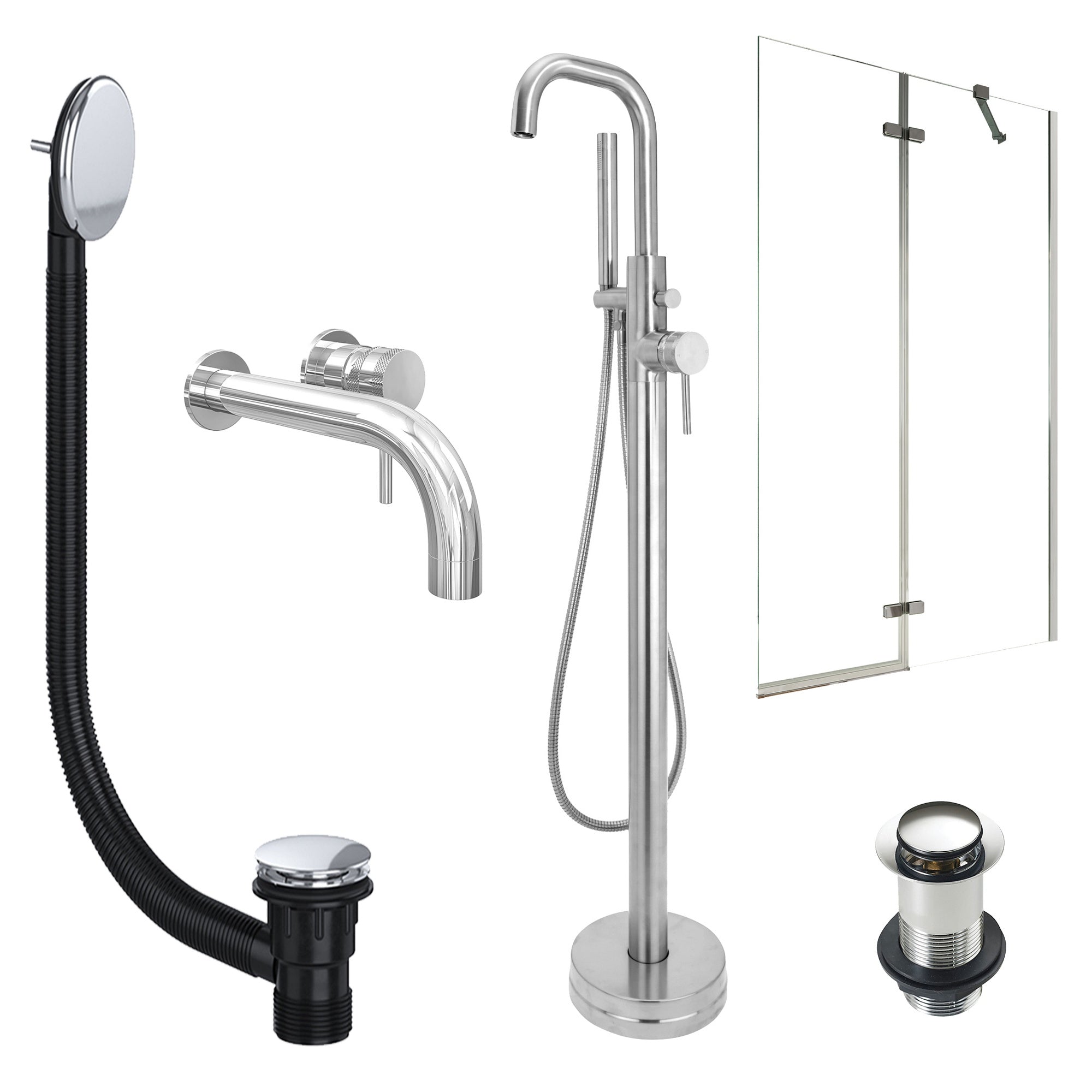 Chrome Wall Mounted Basin Mixer Tap, Freestanding Bath Shower Mixer and Unslotted Basin and Bath Waste and Pivot Bath Screen