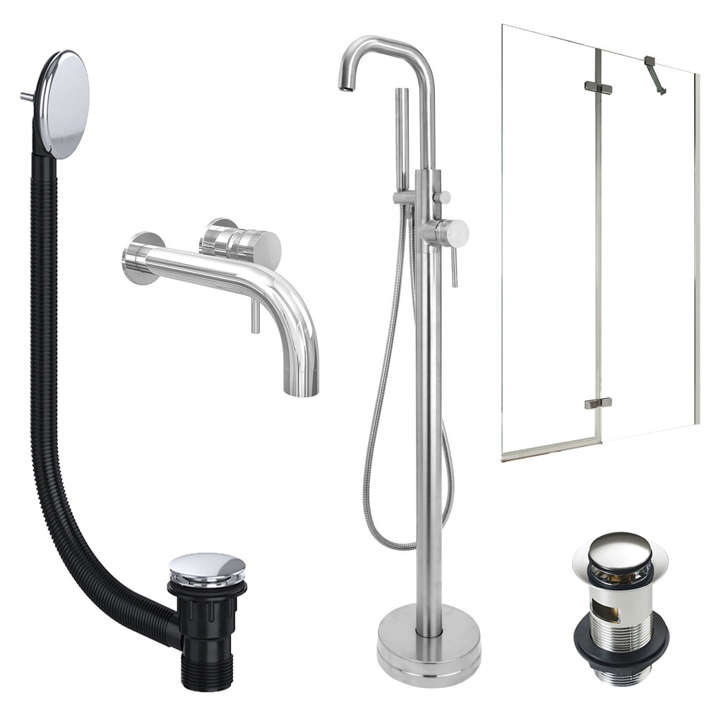 Chrome Wall Mounted Basin Mixer Tap, Freestanding Bath Shower Mixer and Slotted Basin and Bath Waste and Pivot Bath Screen