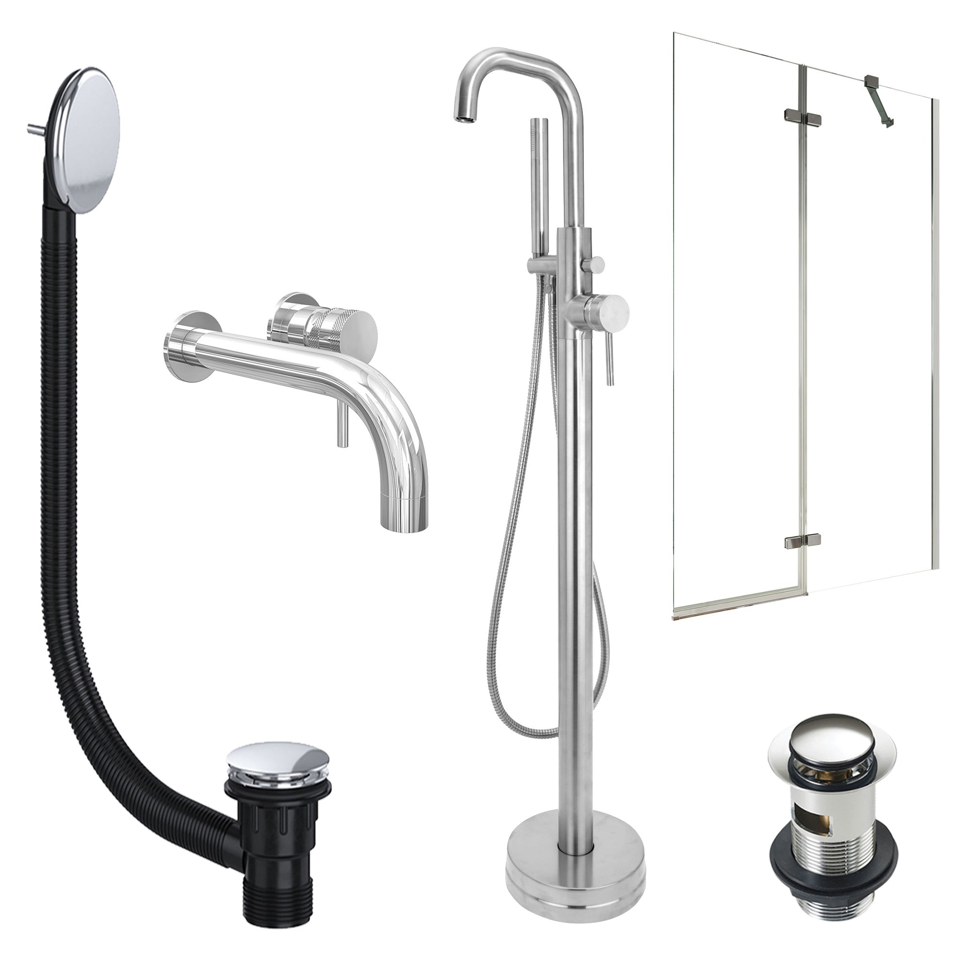 Chrome Wall Mounted Basin Mixer Tap, Freestanding Bath Shower Mixer and Slotted Basin and Bath Waste and Pivot Bath Screen