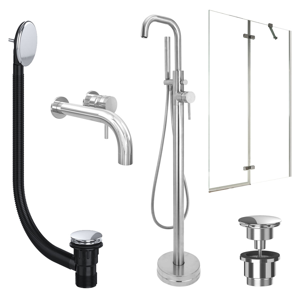 Chrome Wall Mounted Basin Mixer Tap, Freestanding Bath Shower Mixer and Universal Basin and Bath Waste and Pivot Bath Screen