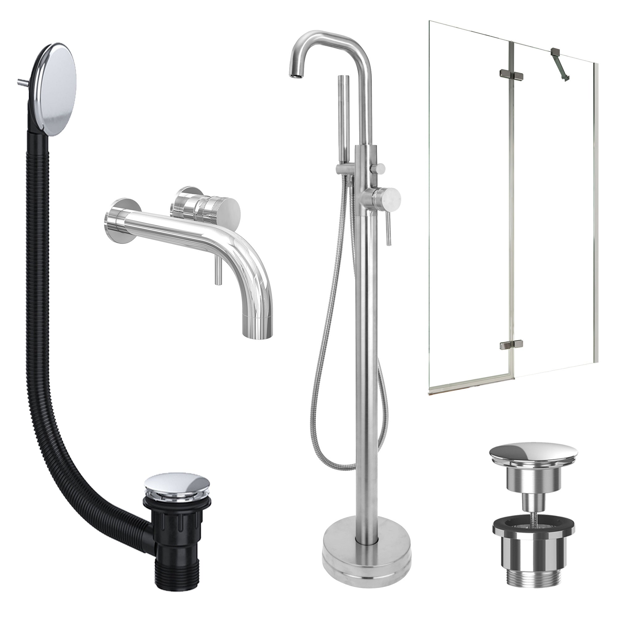 Chrome Wall Mounted Basin Mixer Tap, Freestanding Bath Shower Mixer and Universal Basin and Bath Waste and Pivot Bath Screen