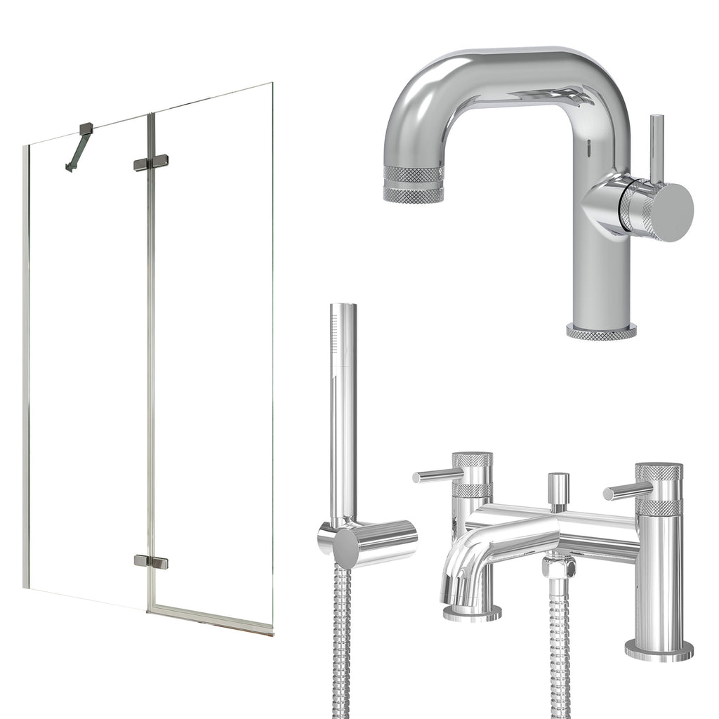 Chrome Side Lever Basin Mixer Tap, Bath Shower Mixer and Pivot Bath Screen