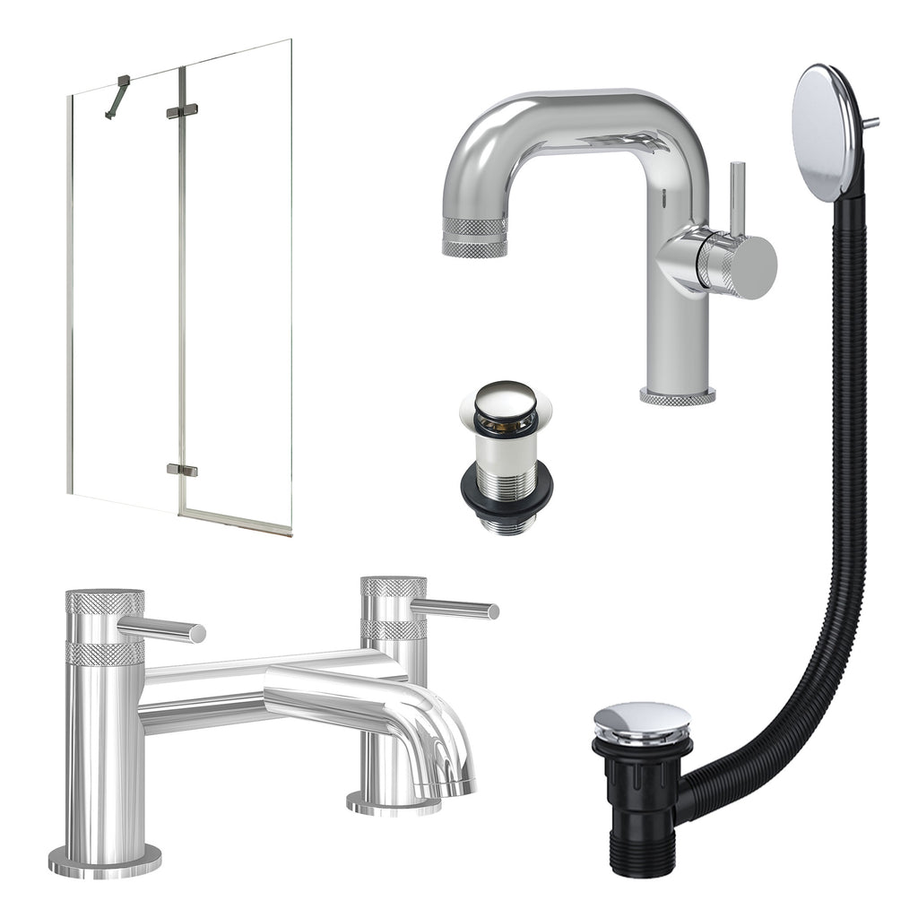 Chrome Side Lever Basin Mixer Tap, Bath Filler with Unslotted Basin and Bath Waste and Pivot Bath Screen