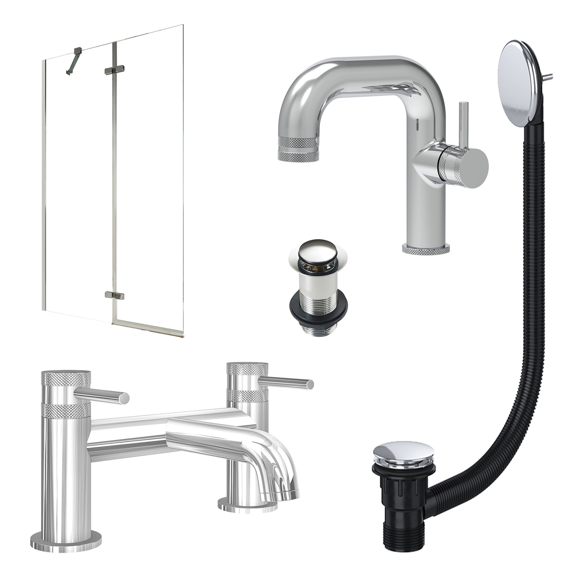 Chrome Side Lever Basin Mixer Tap, Bath Filler with Unslotted Basin and Bath Waste and Pivot Bath Screen