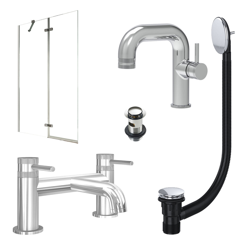 Chrome Side Lever Basin Mixer Tap, Bath Filler with Slotted Basin and Bath Waste and Pivot Bath Screen