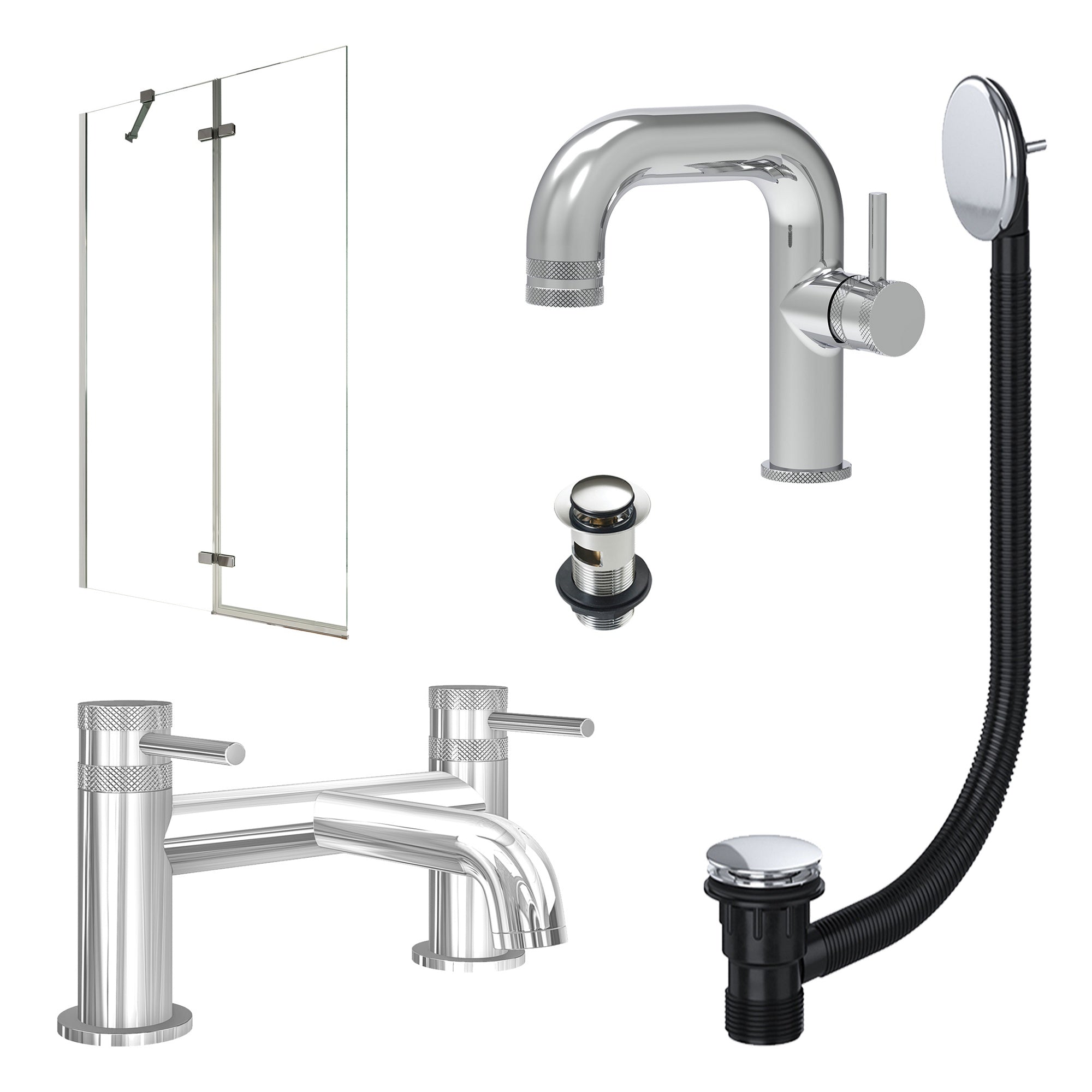 Chrome Side Lever Basin Mixer Tap, Bath Filler with Slotted Basin and Bath Waste and Pivot Bath Screen