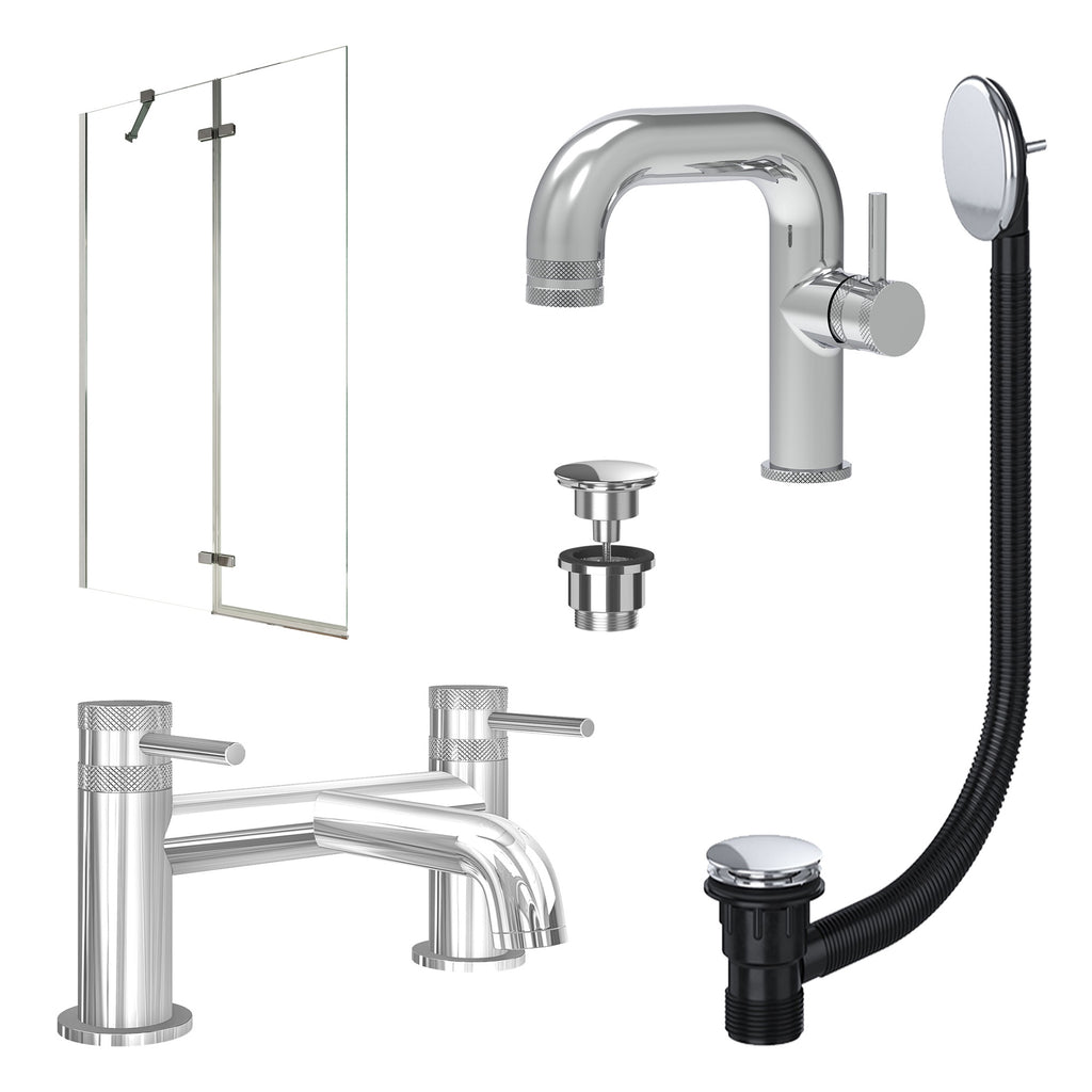 Chrome Side Lever Basin Mixer Tap, Bath Filler with Universal Basin and Bath Waste and Pivot Bath Screen
