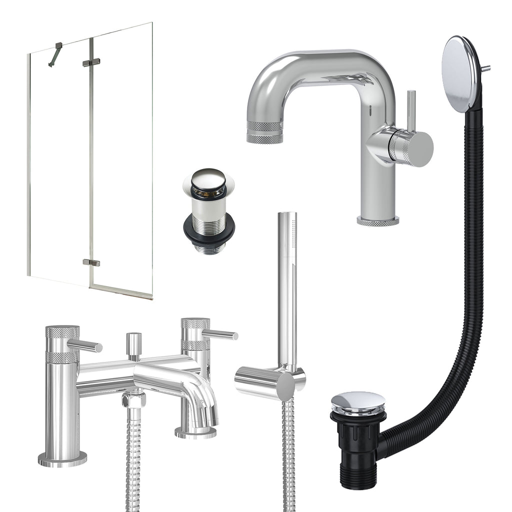 Chrome Side Lever Basin Mixer Tap, Bath Shower Mixer with Unslotted Basin and Bath Waste and Pivot Bath Screen