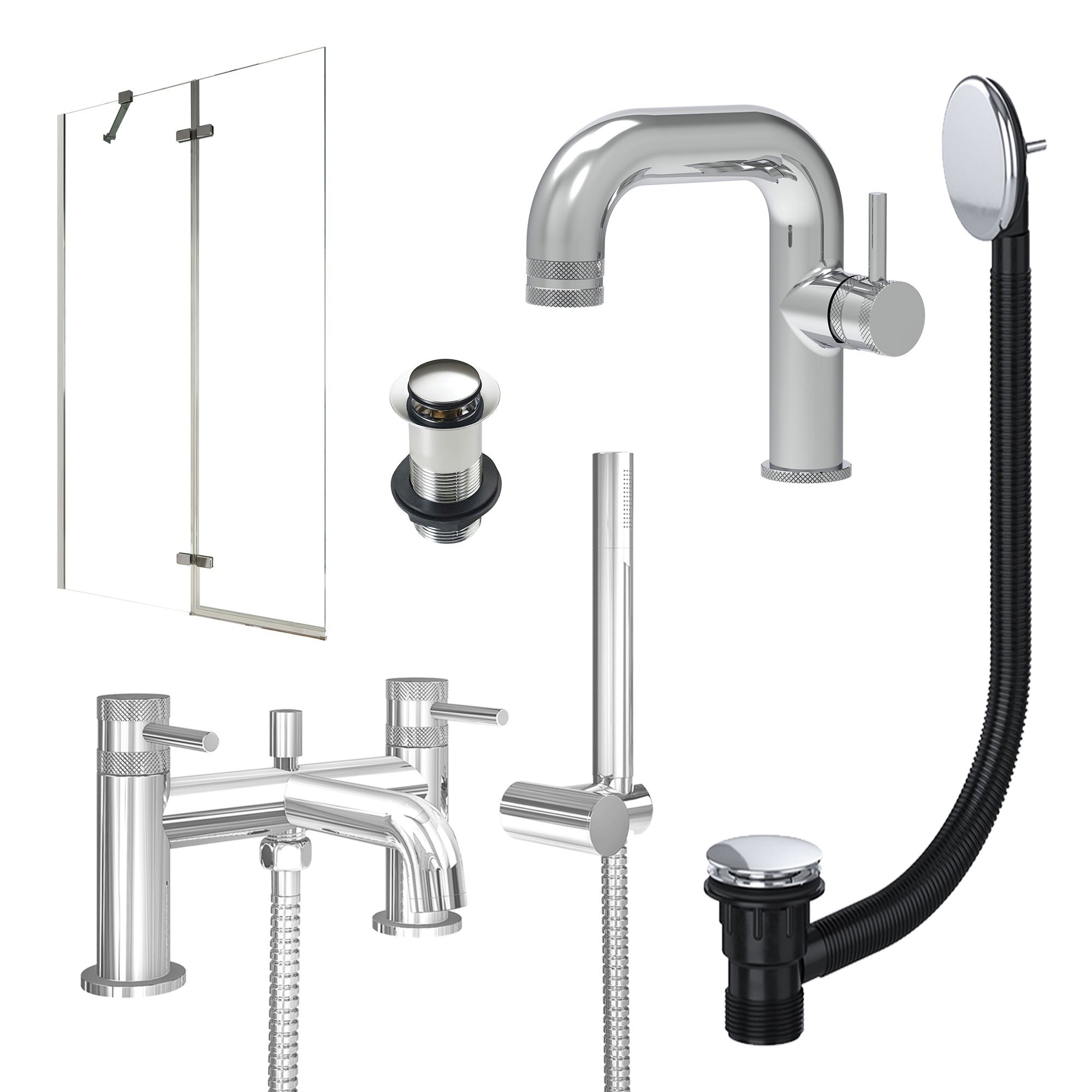 Chrome Side Lever Basin Mixer Tap, Bath Shower Mixer with Unslotted Basin and Bath Waste and Pivot Bath Screen