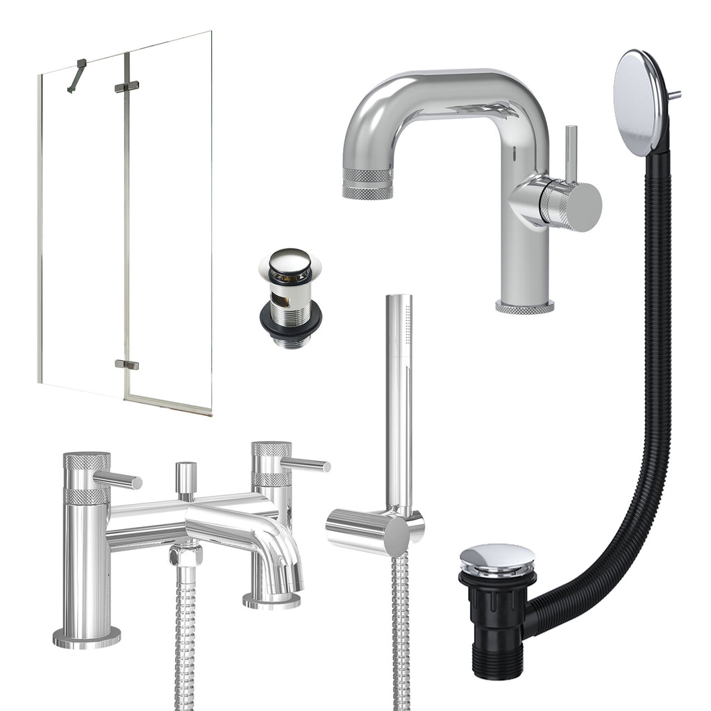 Chrome Side Lever Basin Mixer Tap, Bath Shower Mixer with Slotted Basin and Bath Waste and Pivot Bath Screen