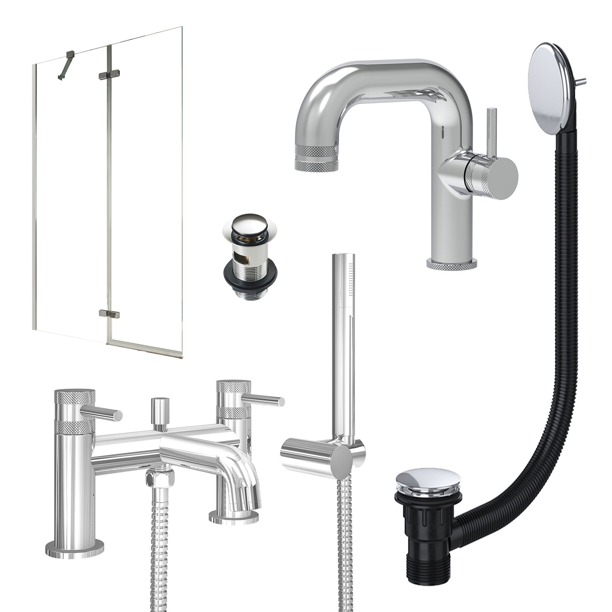 Chrome Side Lever Basin Mixer Tap, Bath Shower Mixer with Slotted Basin and Bath Waste and Pivot Bath Screen