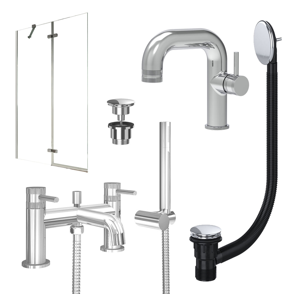 Chrome Side Lever Basin Mixer Tap, Bath Shower Mixer with Universal Basin and Bath Waste and Pivot Bath Screen